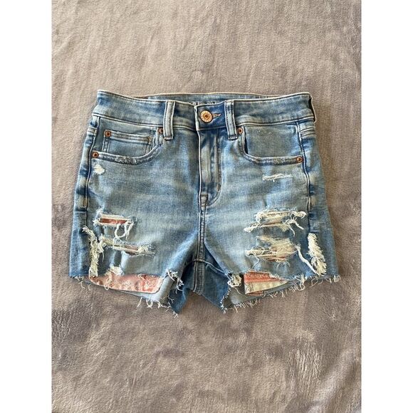 American Eagle Denim Shorts Distressed Ripped High Waisted Light Wash 4 - Picture 1 of 5